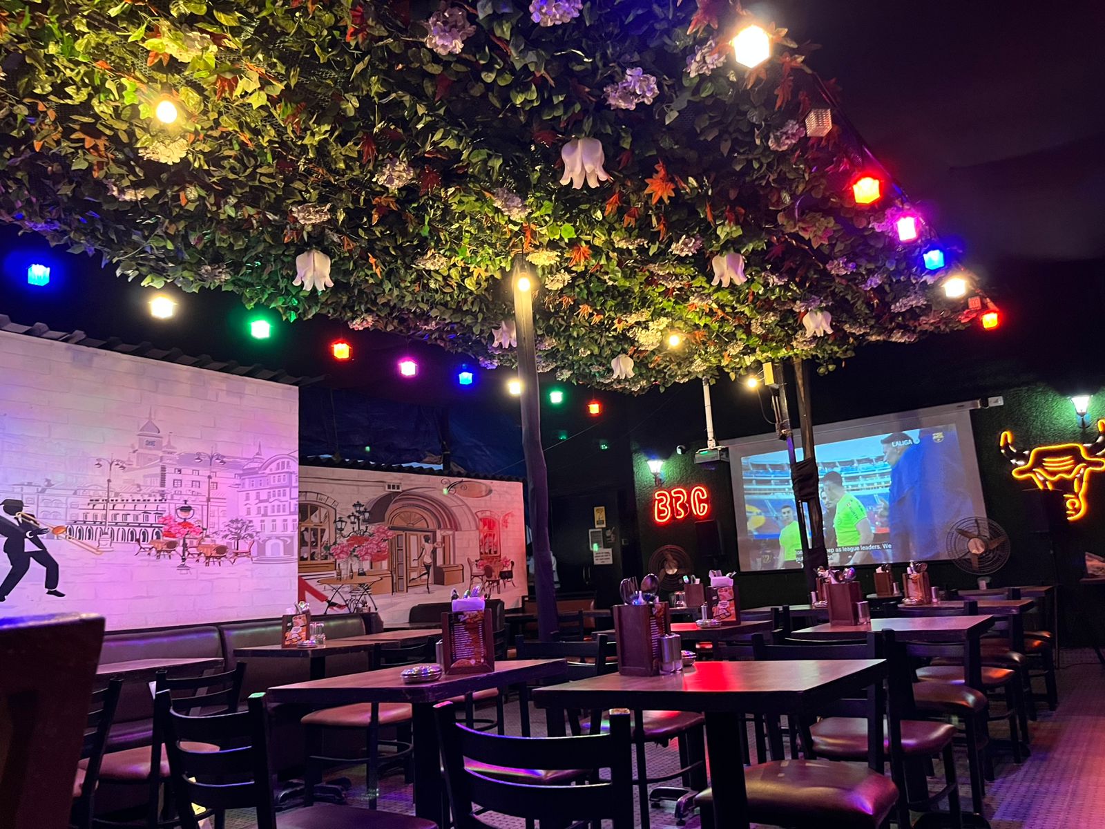 Overhead fairy light canopy creating a warm magical glow across the rooftop garden at Big Bull Cafe